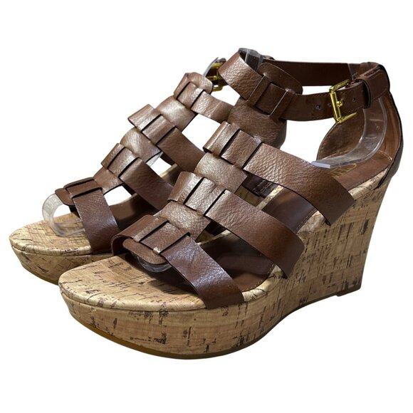 Chaps Cork Wedge Sandals Cage Brown 7B Heels Open Toe Shoe - Picture 2 of 12